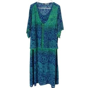Vintage La Cera Womens Maxi Dress Size 2X Blue Green Floral Short Sleeve Flowy